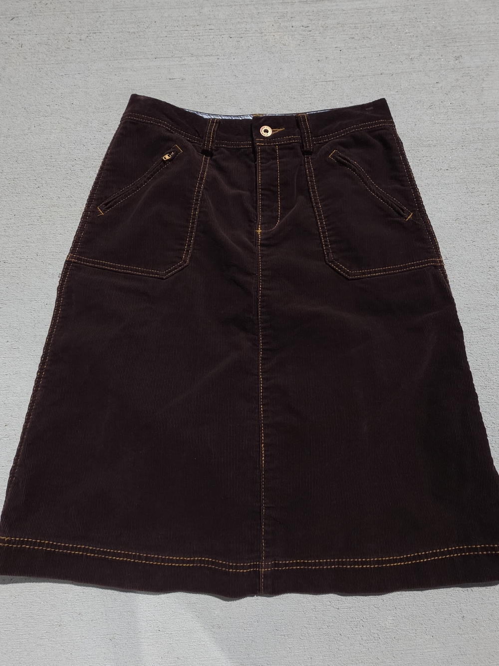 Vintage Eddie Bauer Brown Corduroy A-Line Skirt With Camel Topstitching Size 2P